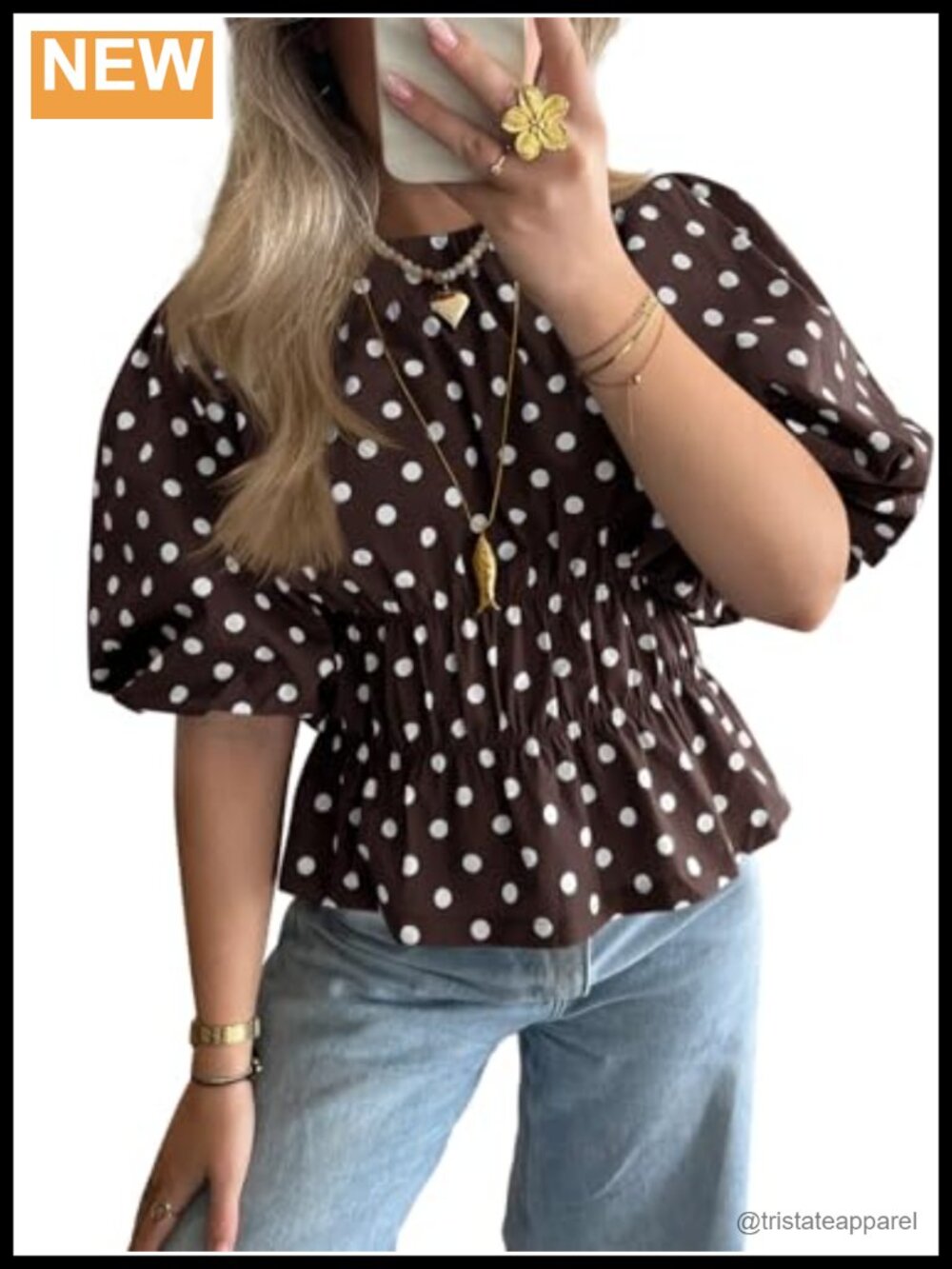 Polka Dot Peplum Blouse Puff Sleeve Round Neck Summer Top